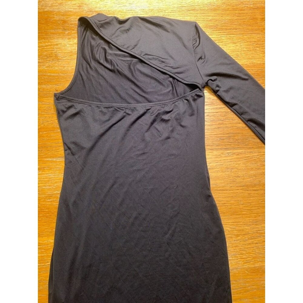 One Shoulder Black Bodycon Dress With Long Sleeve - Picture 3 of 4
